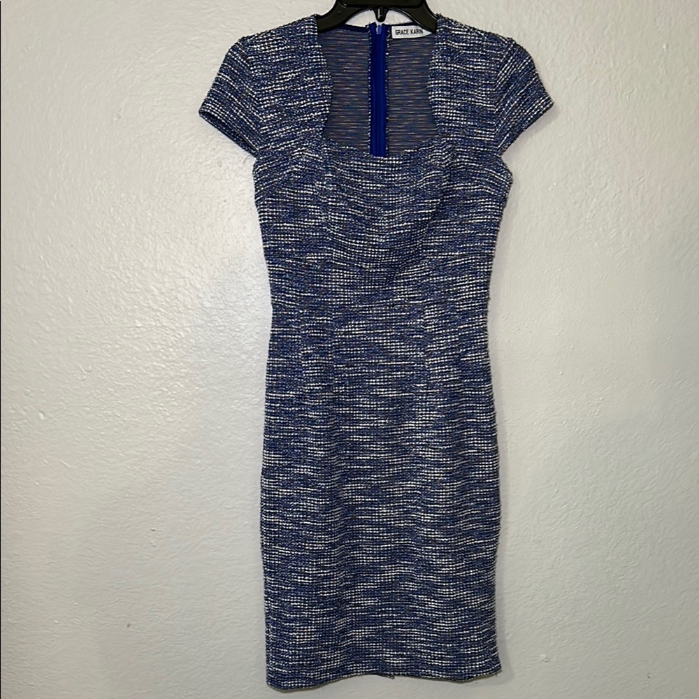 Halston Heritage Blue Sheath Dress with Square Neck and Cap Sleeves